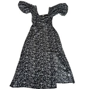 A New Day Floral Flutter Sleeve Midi Dress Black White Smocked Back Slit Small